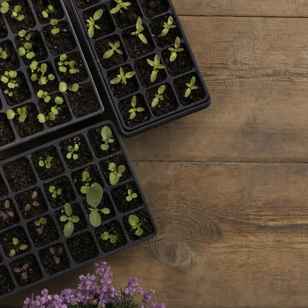 Seedlings in module trays on a bench