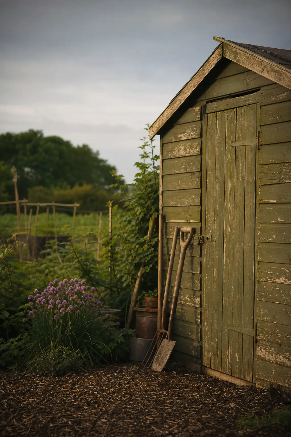 A weathered allotment shed with tools leaning against it
