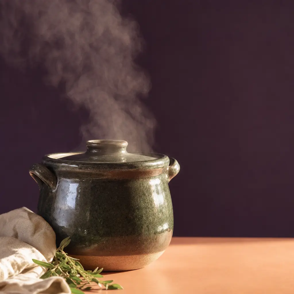 A glazed pot steaming on a warm surface