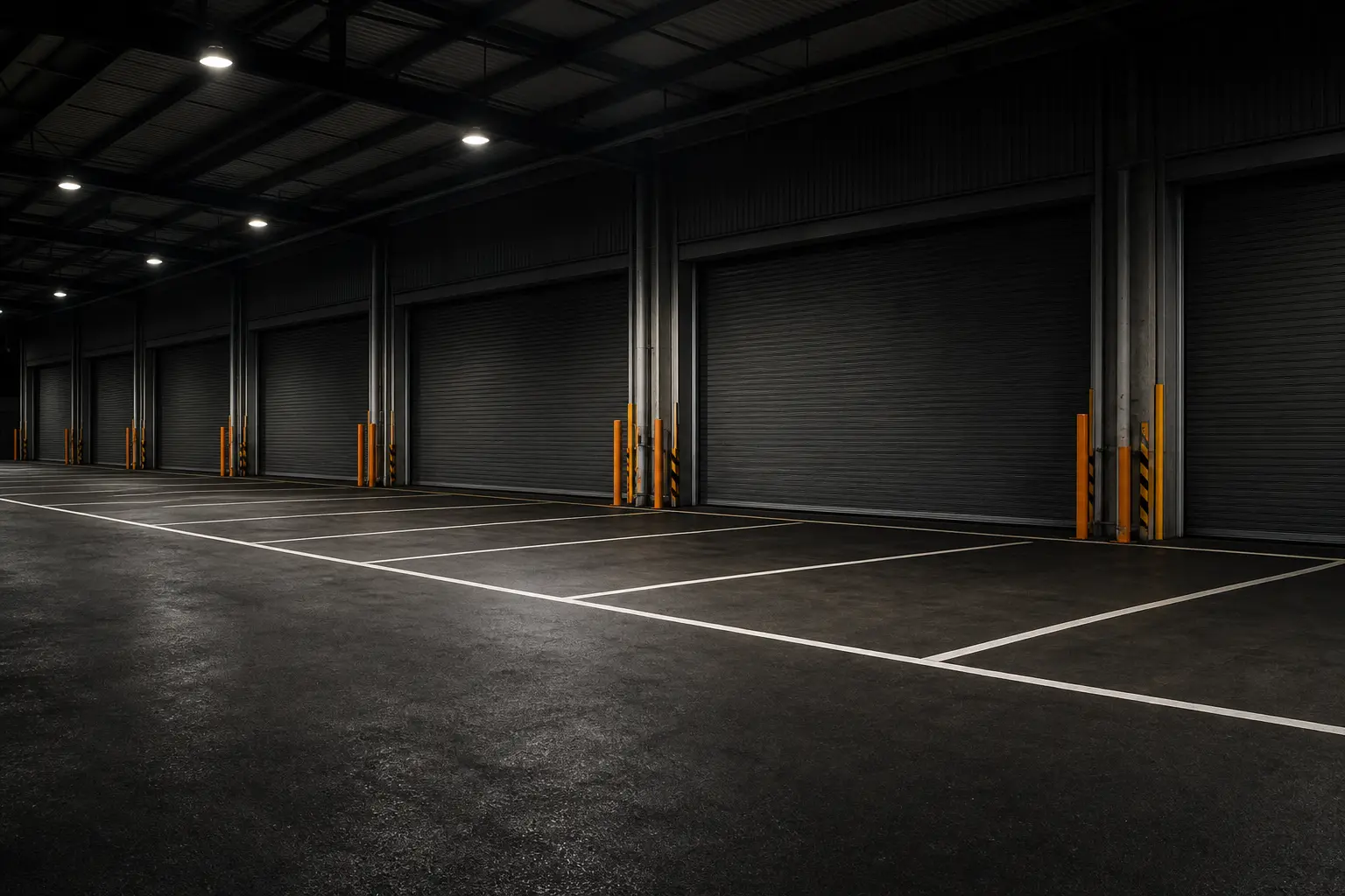 An empty depot bay under overhead lights at night
