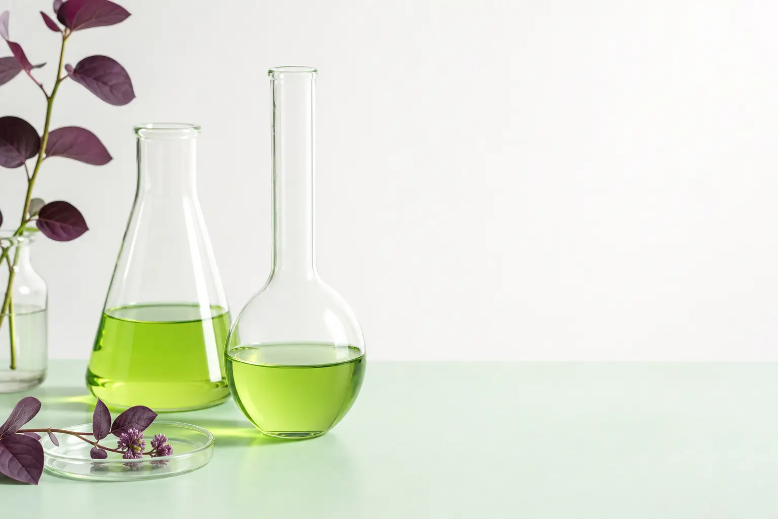Glass laboratory vessels holding acid green liquid on a mint bench