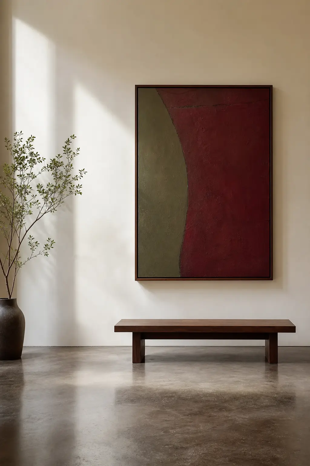 A quiet gallery corner with one framed piece and a bench