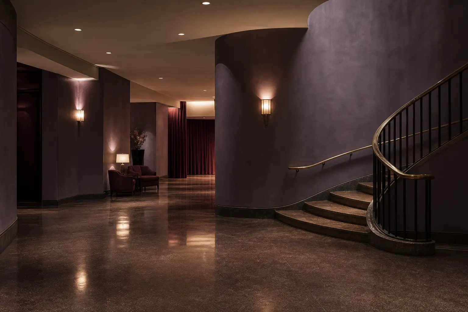 A quiet foyer with a staircase under low evening light