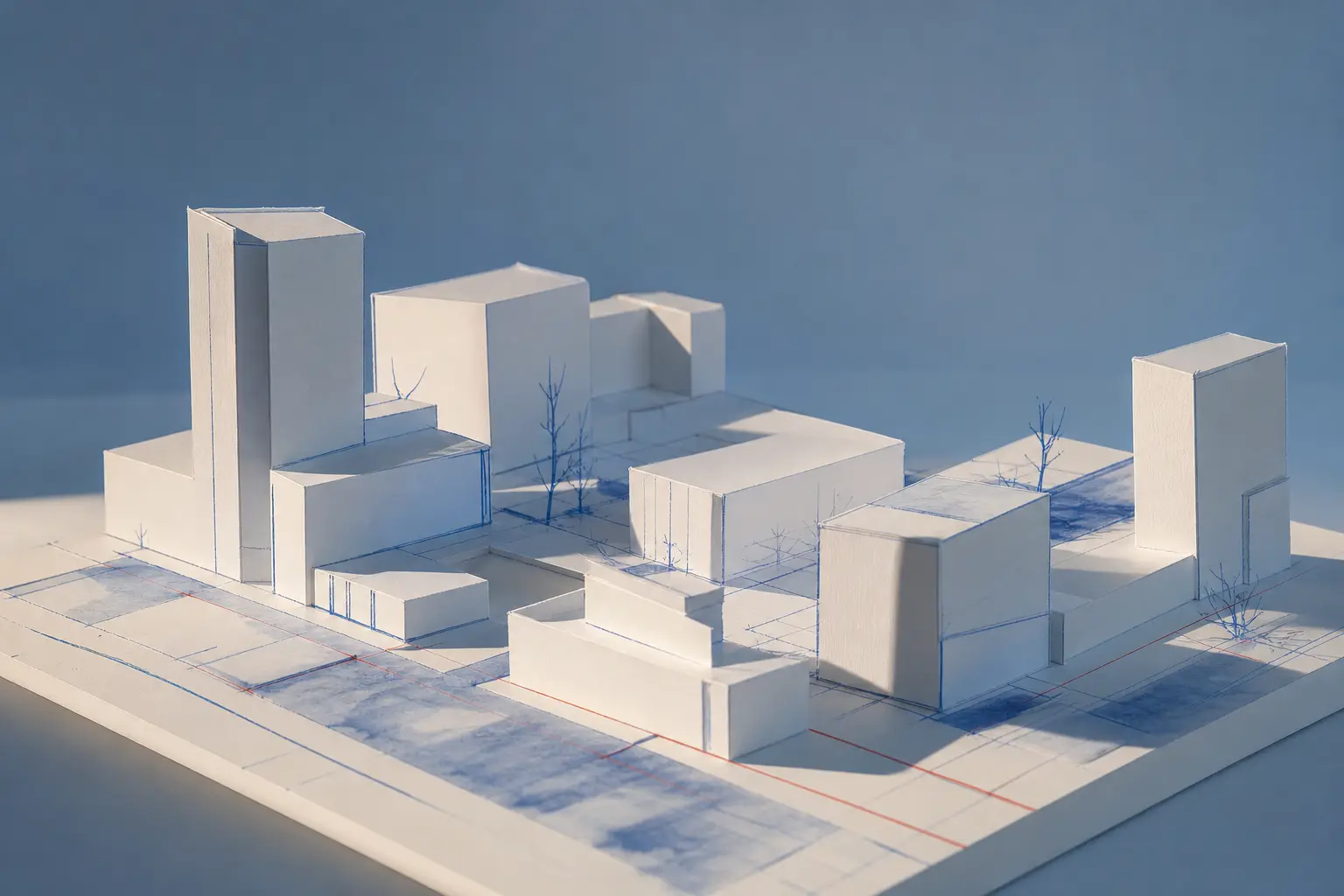 A white card architectural model under raking light
