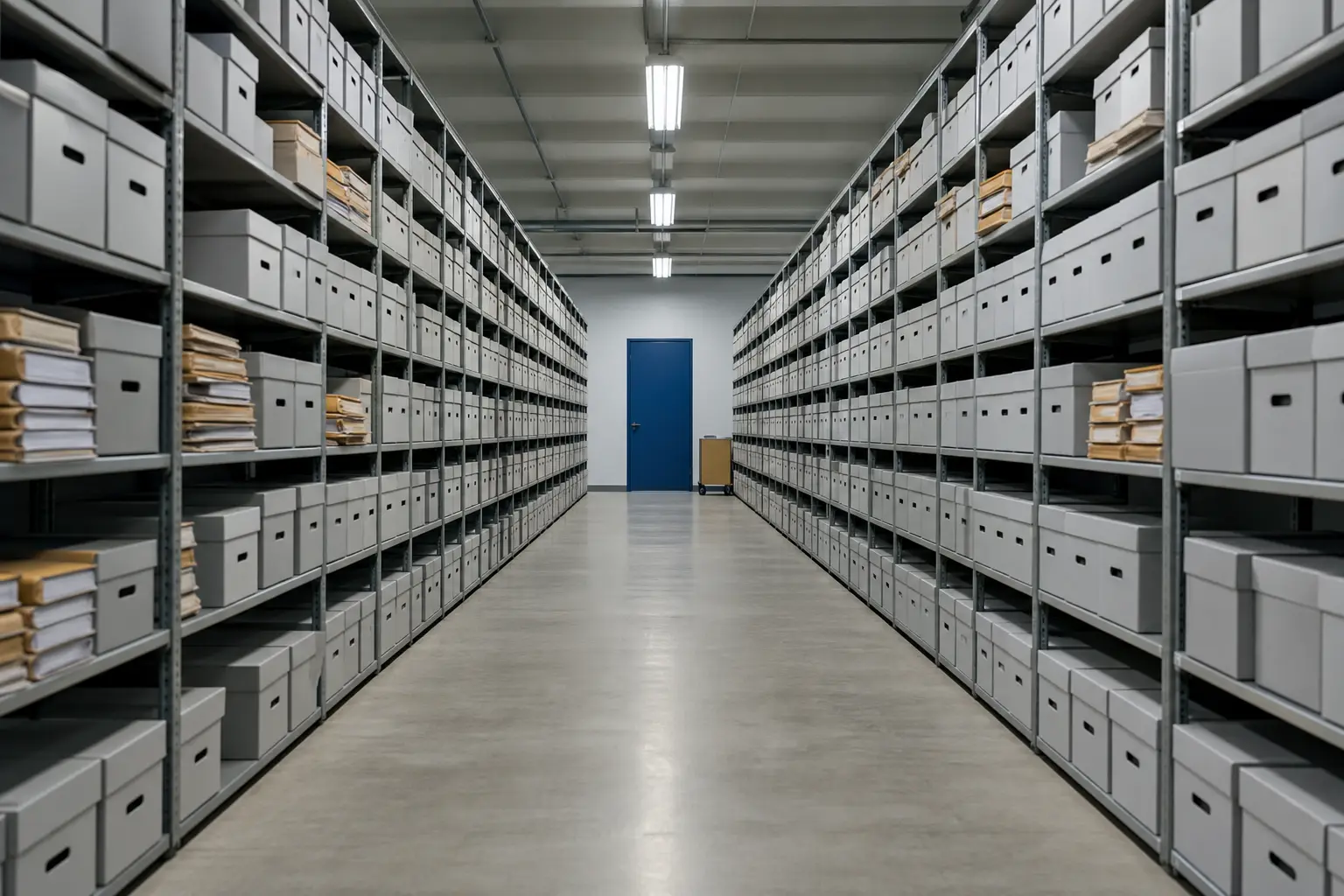 Rows of grey archive shelving receding under even fluorescent light