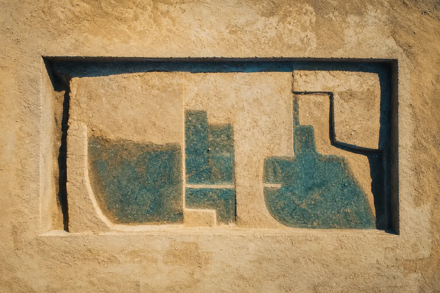 A trench from above showing rectangular cuts in sandy soil