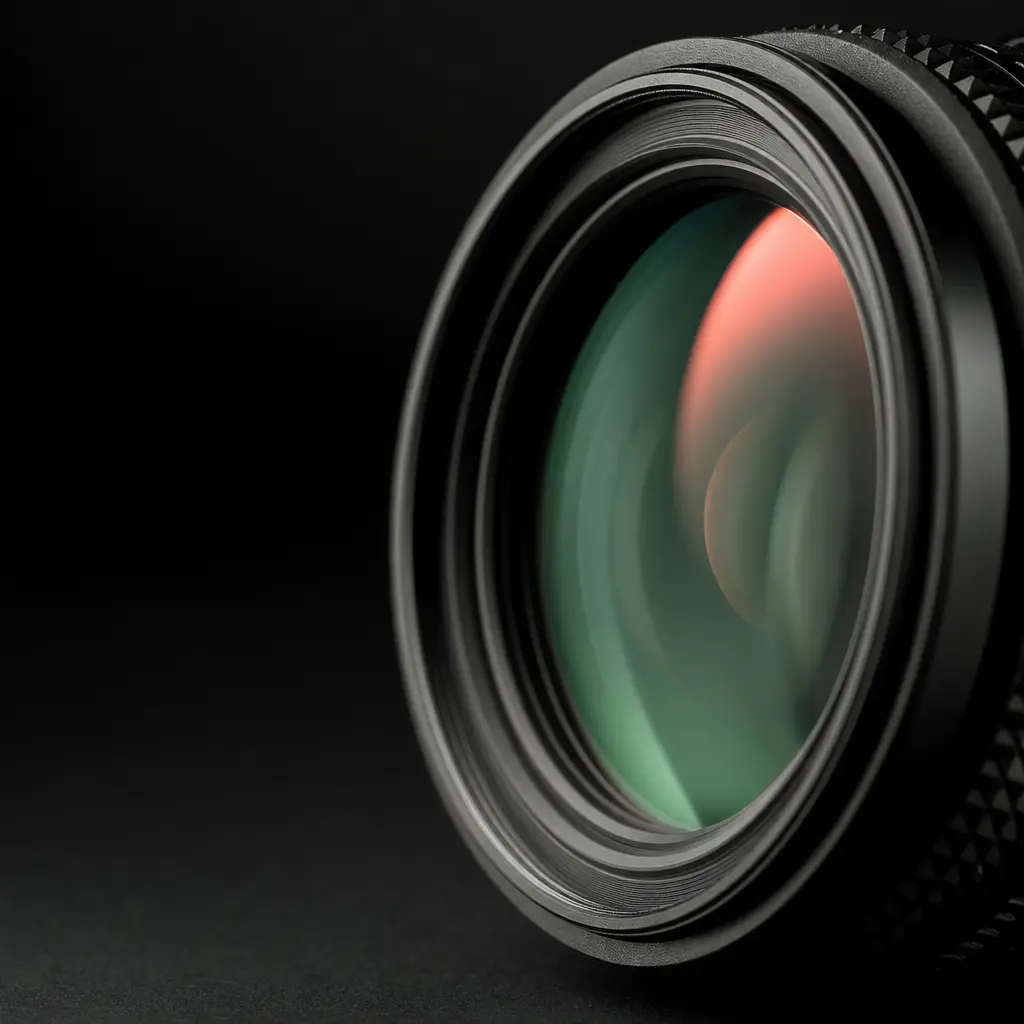 Macro of a camera lens element catching a jade and coral flare