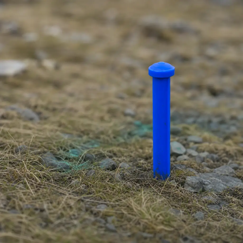 A bright blue survey marker driven into rough ground