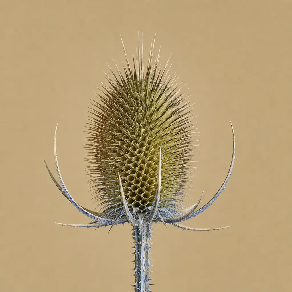 A dried seed head against a khaki ground