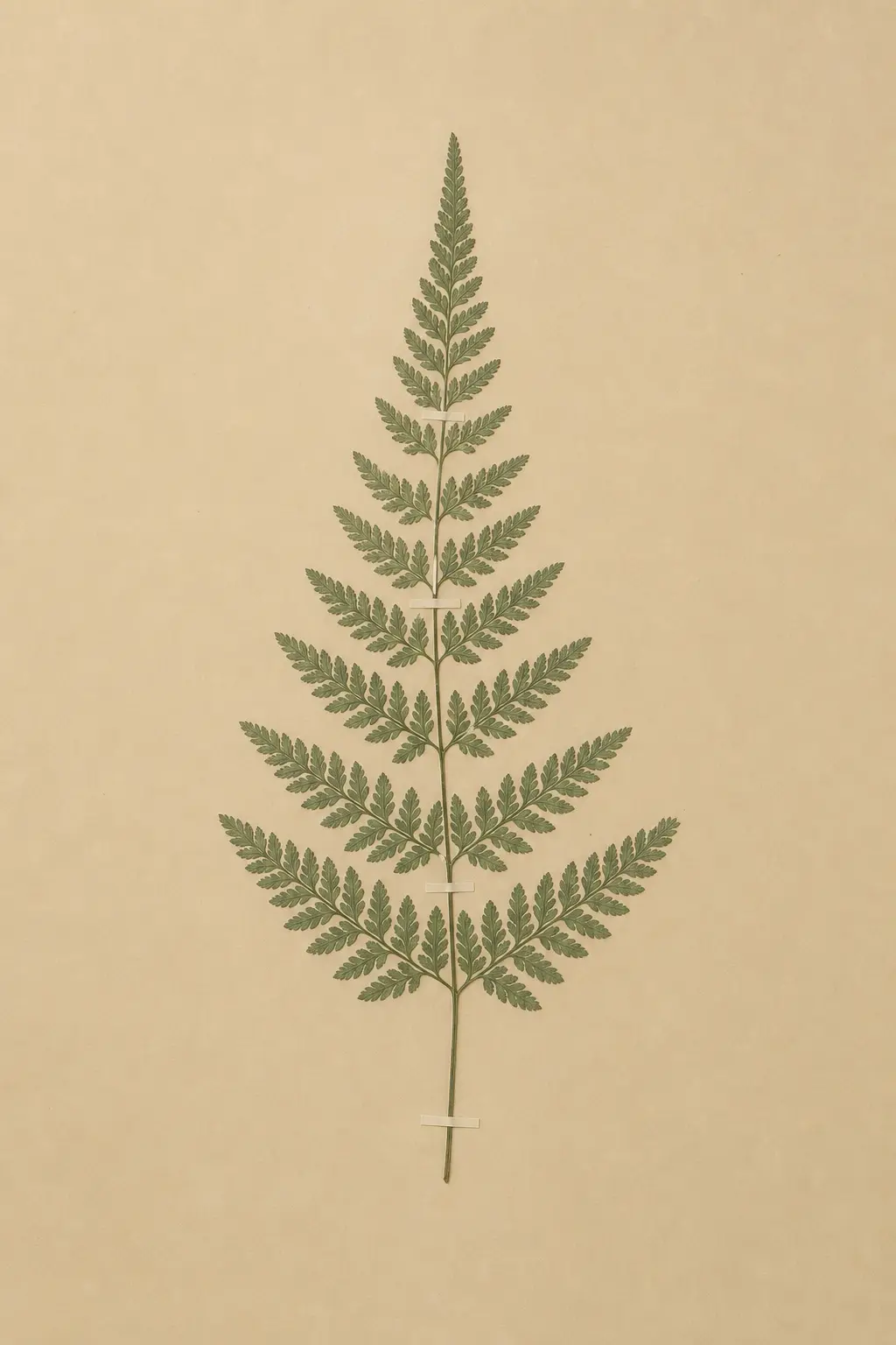 A single pressed fern frond on a pale mount