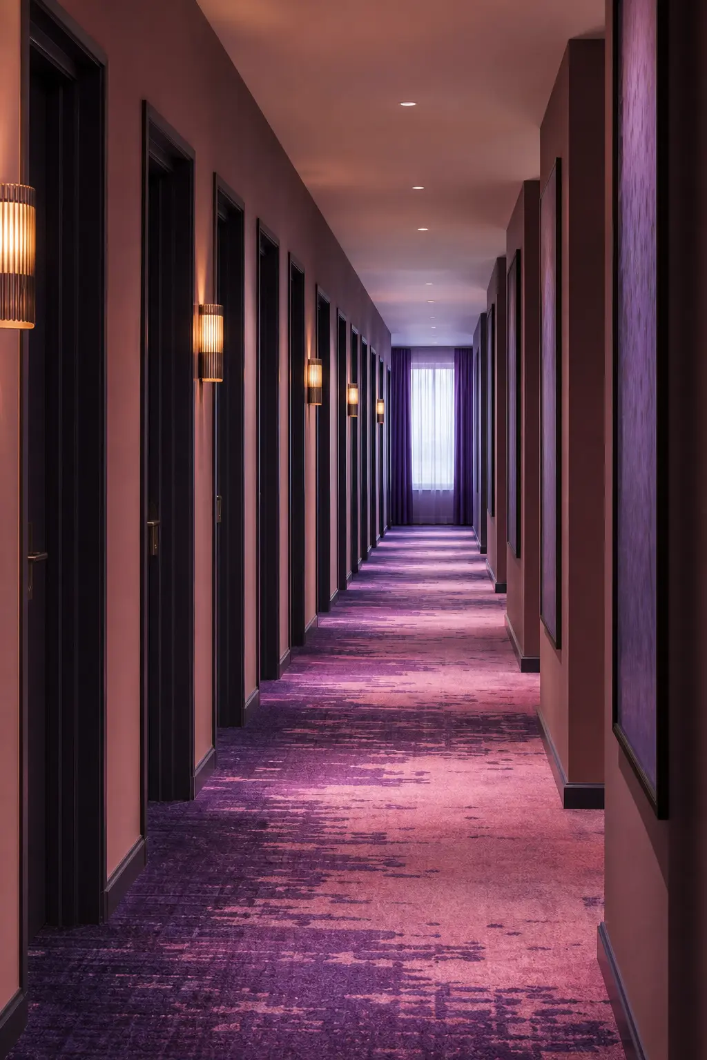 A hotel corridor receding with doors on one side