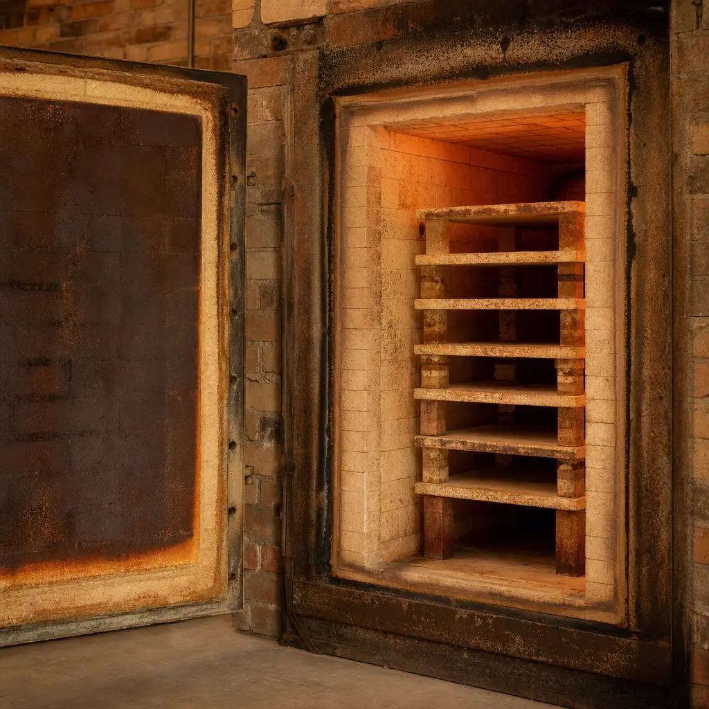The open door of a kiln with warm shelves inside