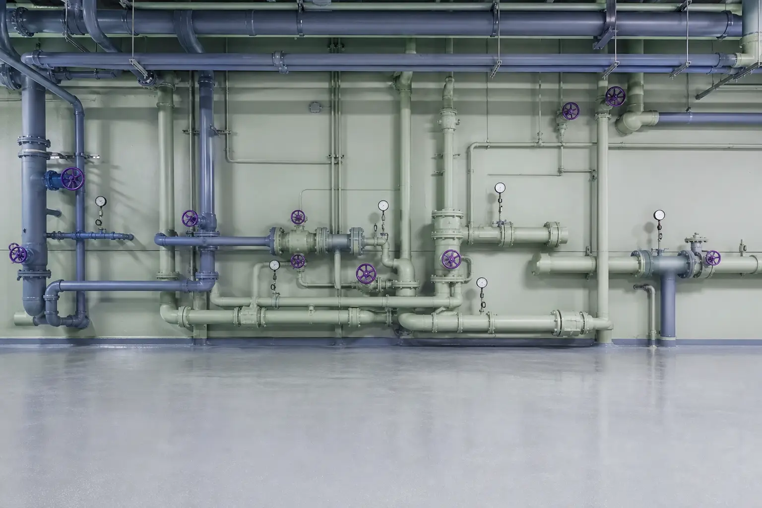 A plant room wall of pipework and gauges under cool light
