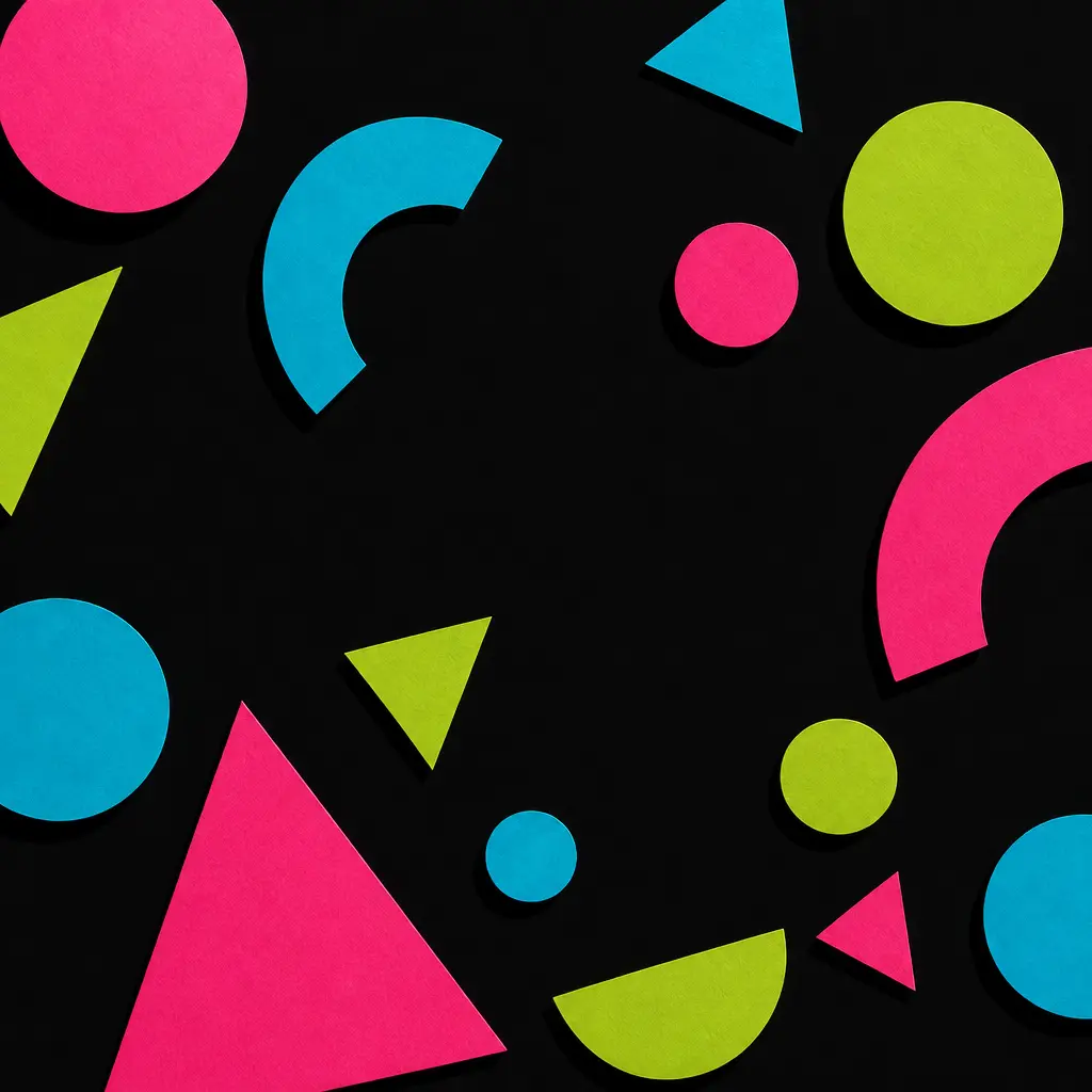Saturated confetti shapes scattered on black