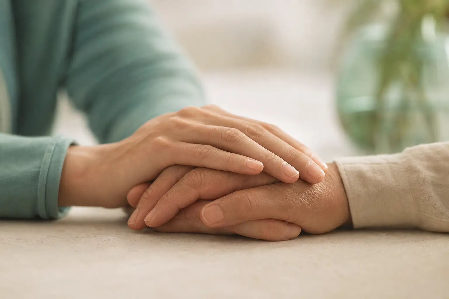 Two pairs of hands resting on a pale table