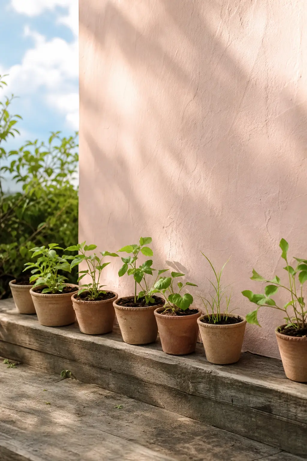 A row of small planted pots on a wooden step outdoors