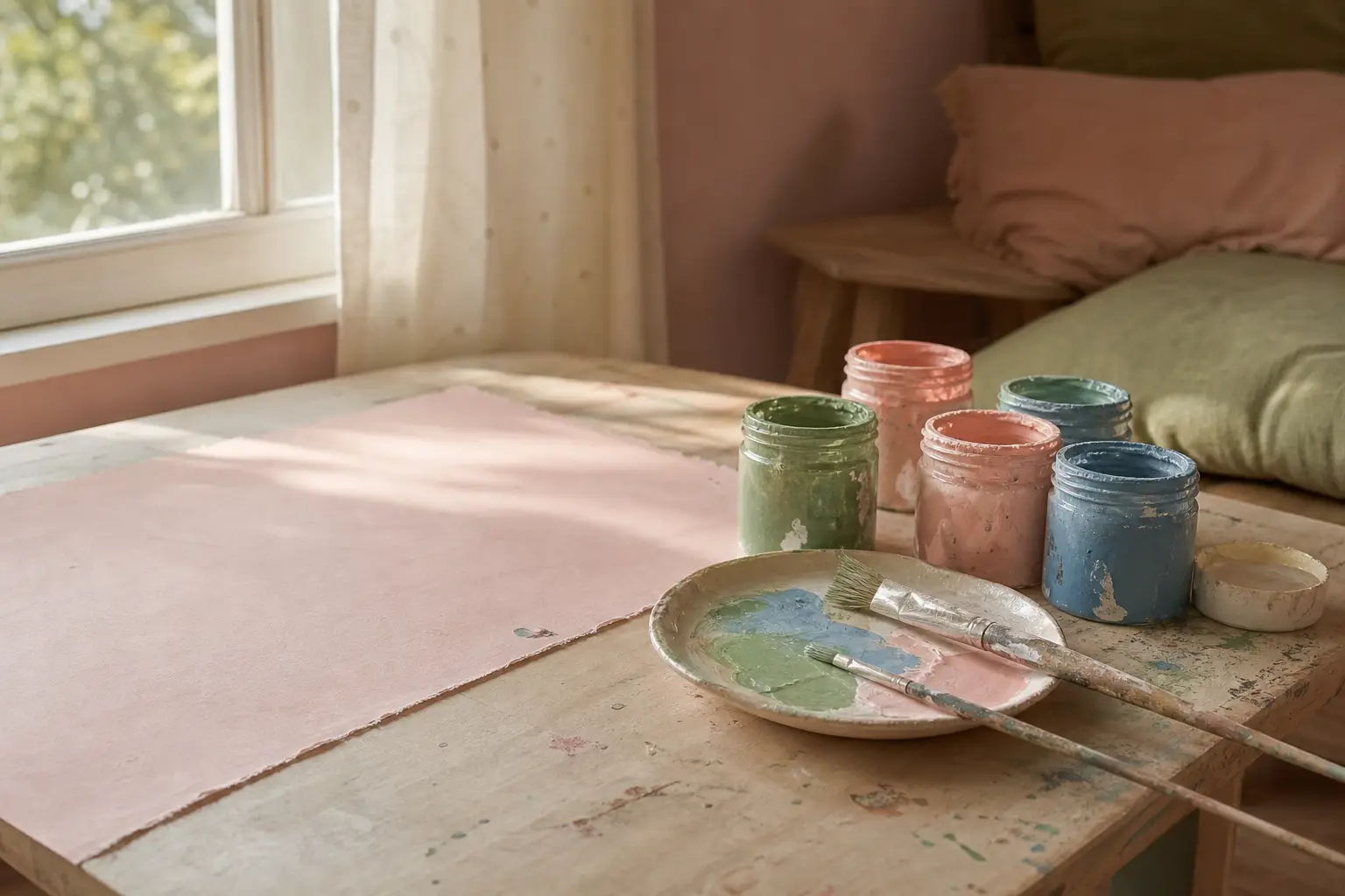 A low table with paint pots and brushes in warm morning light