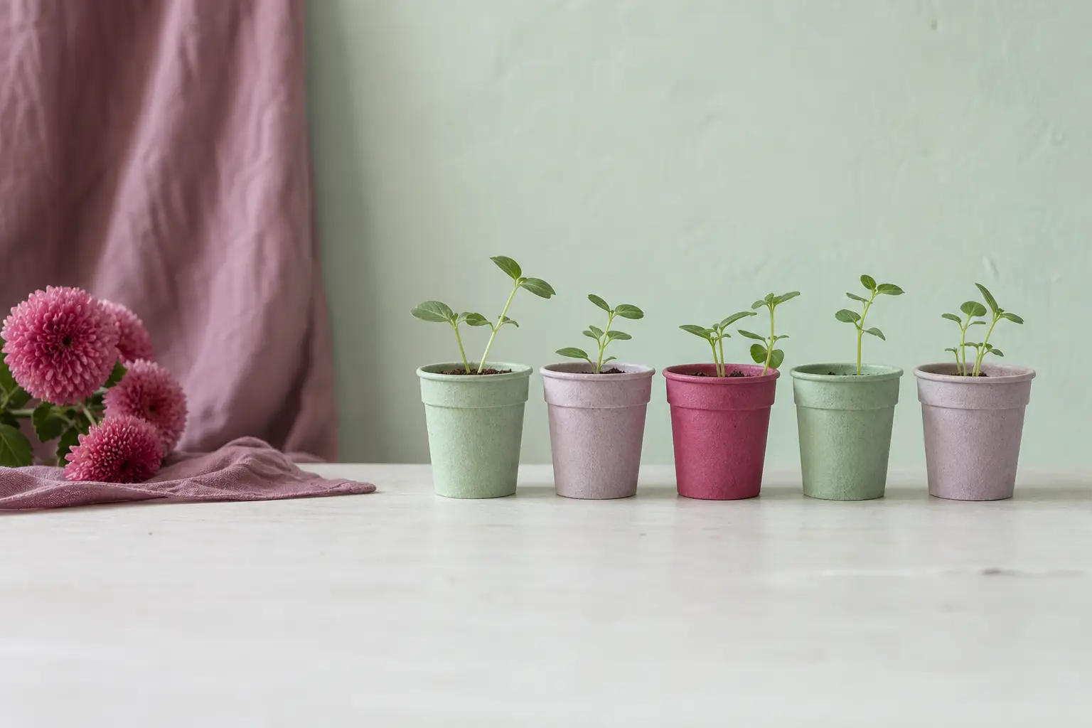 Seedlings in paper pots on a pale bench