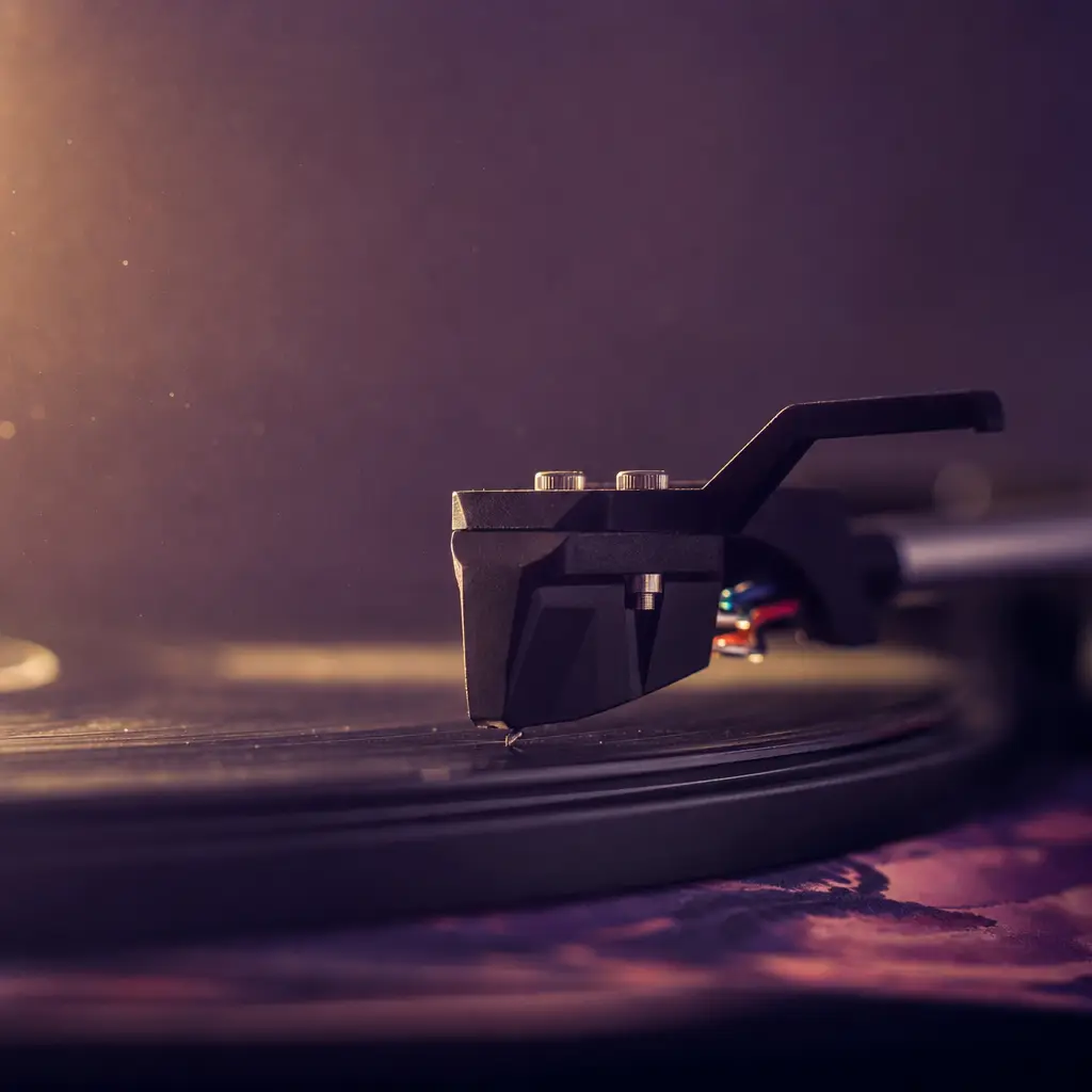 A turntable tonearm on a record, close and warm