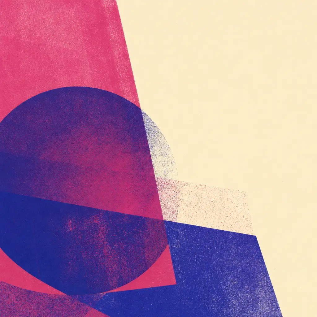 Abstract violet and magenta shapes printed on cream stock