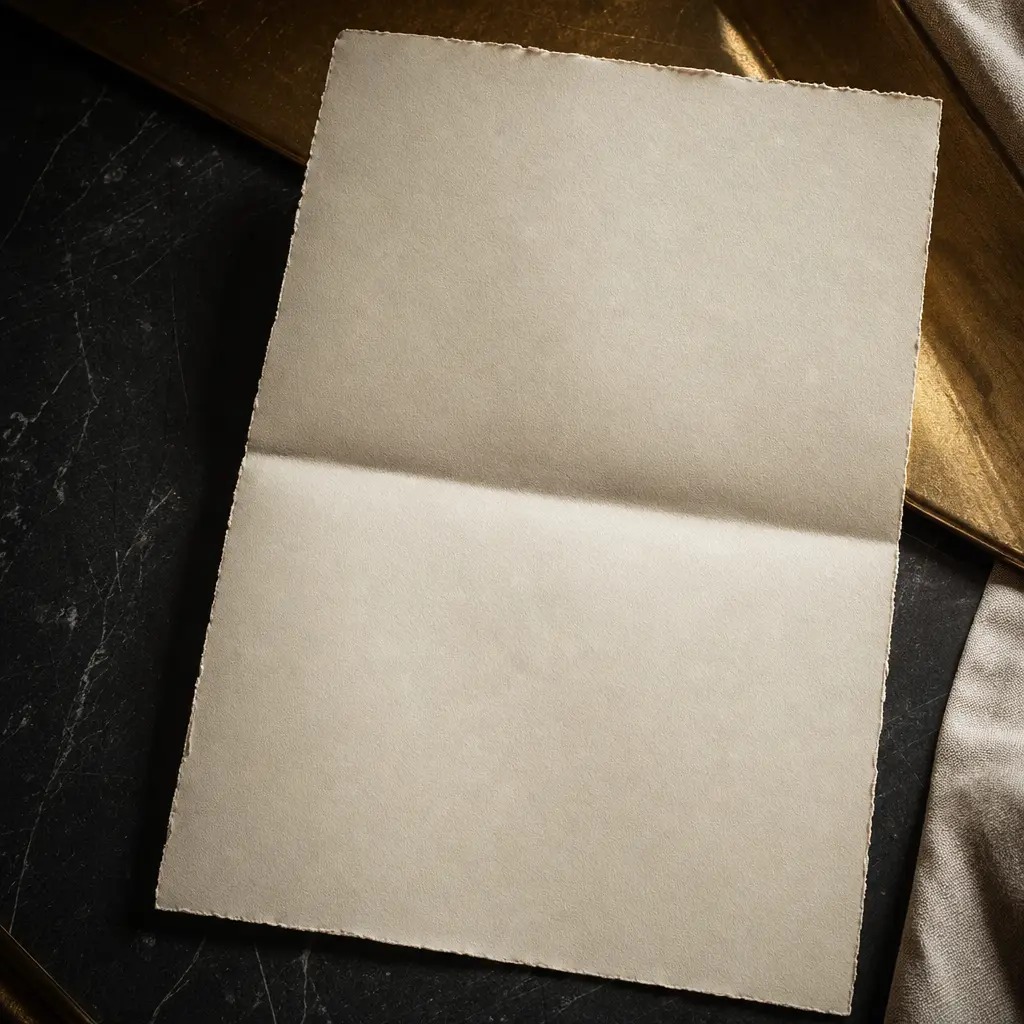 A folded sheet of ivory vellum resting on a dark slate surface