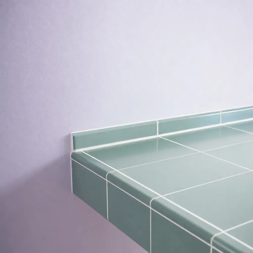 A jade tile counter edge in bright daylight